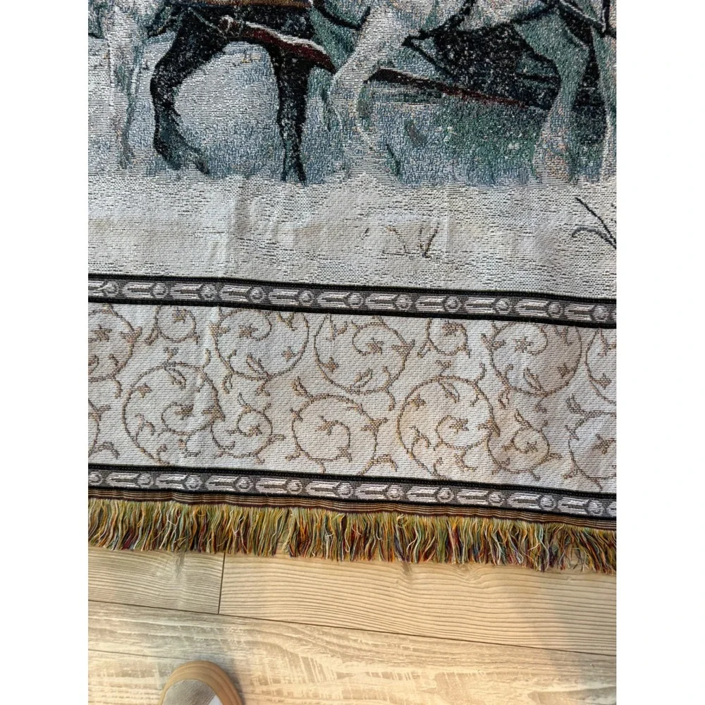 VTG C Cummings Horses Winter Sleigh Woven Tapestry Throw Blanket RARE White